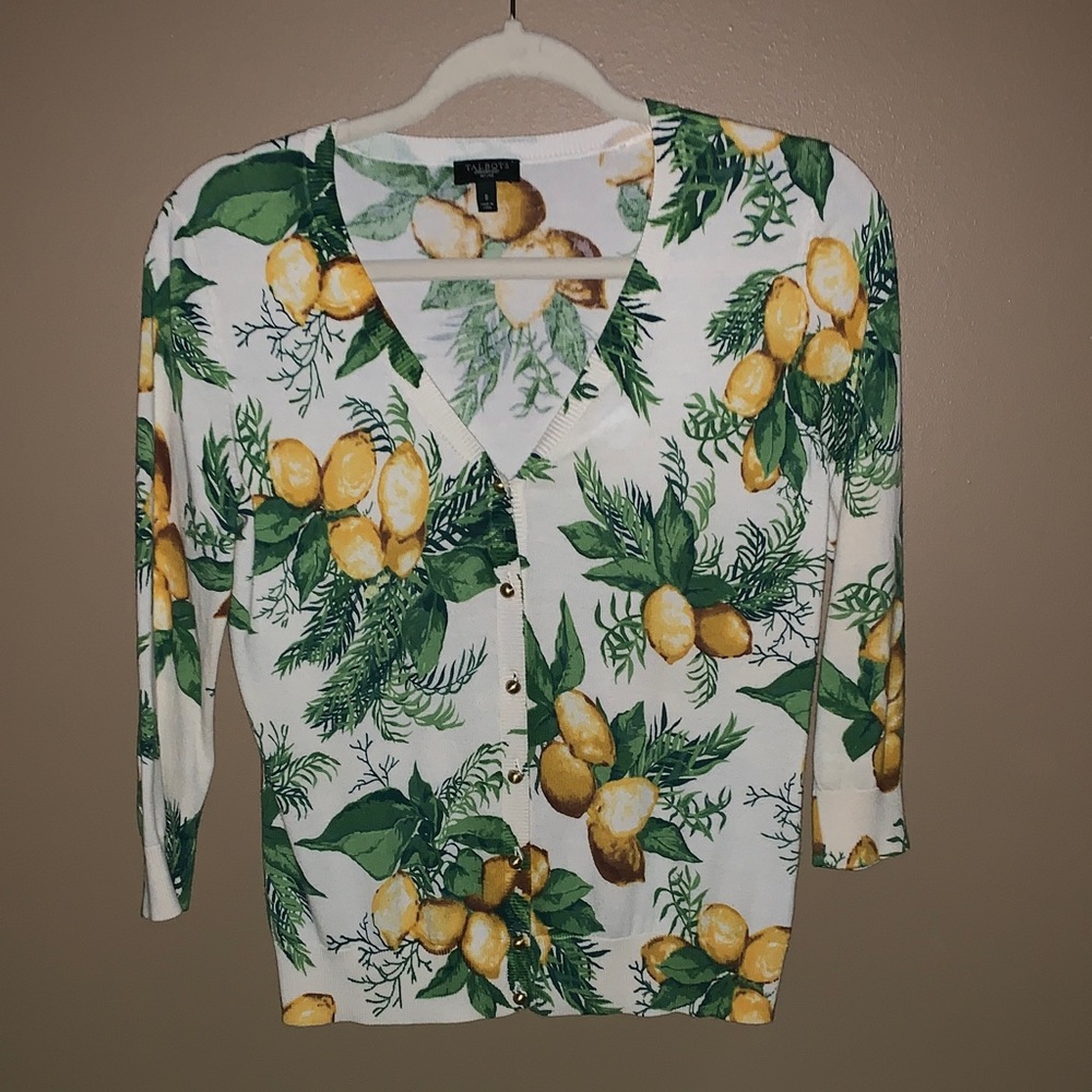 Talbots Women's Cardigan with Lemon and Leaf Print - White and Green